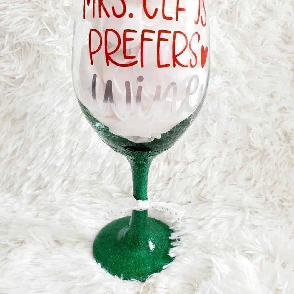 Mrs Claus Prefers Wine Green Glittered Stemmed Wine Glass, Funny Christmas Glass